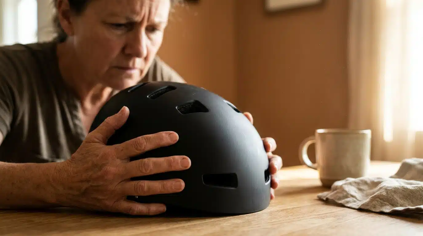 Mains de femme tenant un casque de protection sur une table