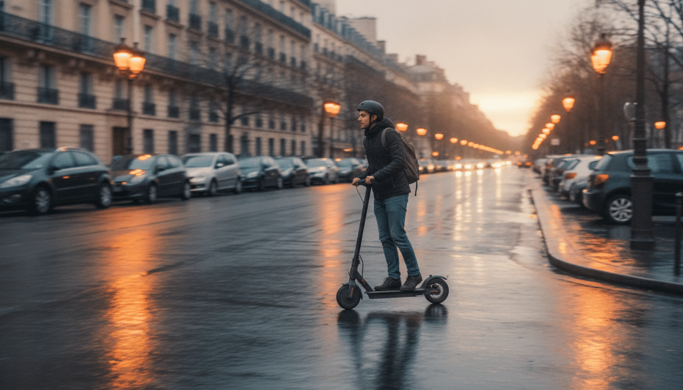Jeune homme roulant en trottinette électrique dans une rue parisienne