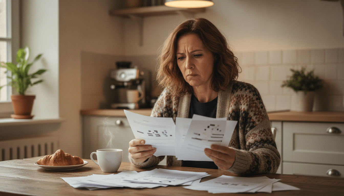 Automobiliste consultant ses documents d'assurance auto avec frustration