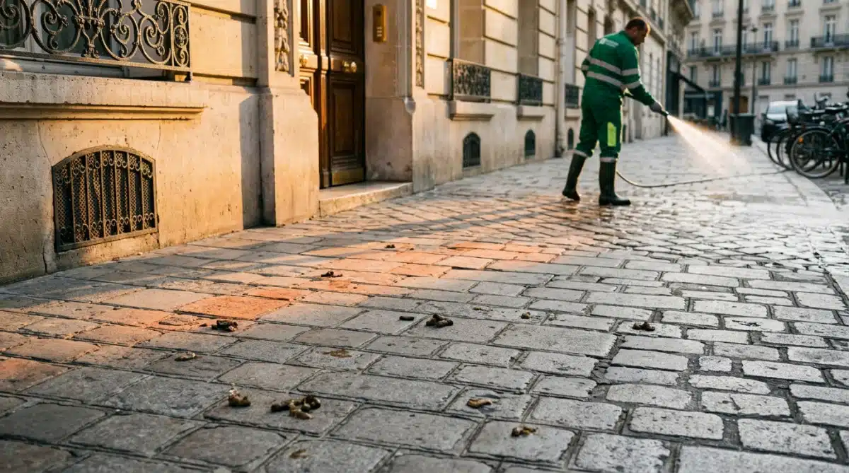 Trottoir parisien souillé par des crottes de chien près d'un immeuble haussmannien