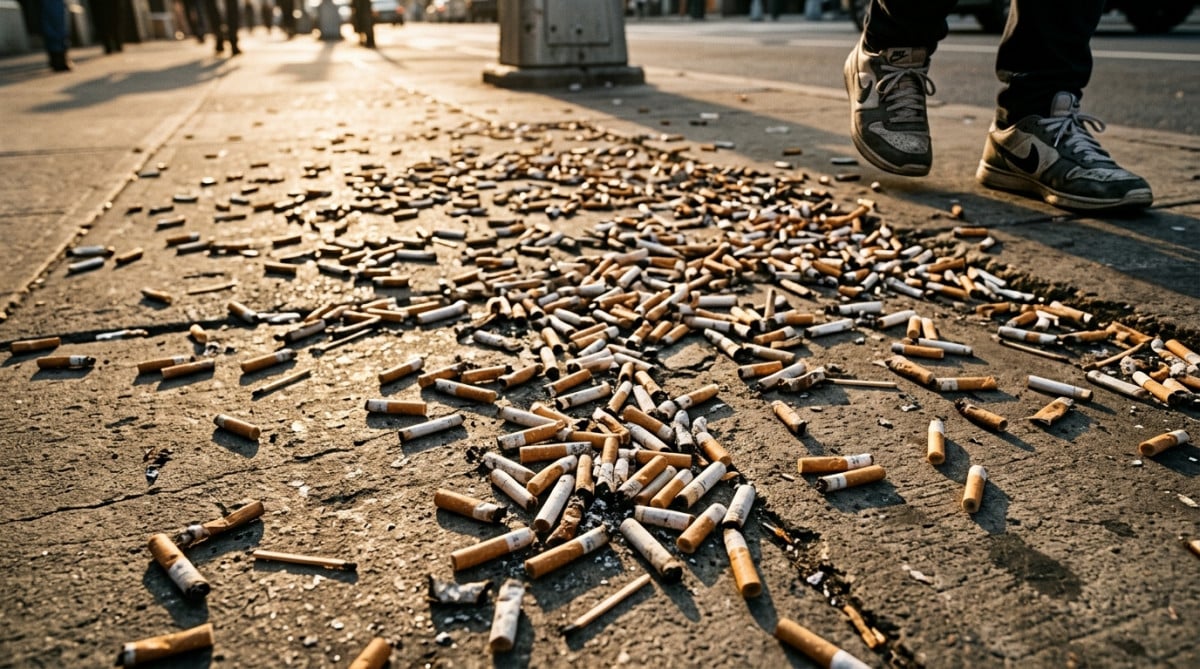 Trottoir urbain jonché de milliers de mégots de cigarettes