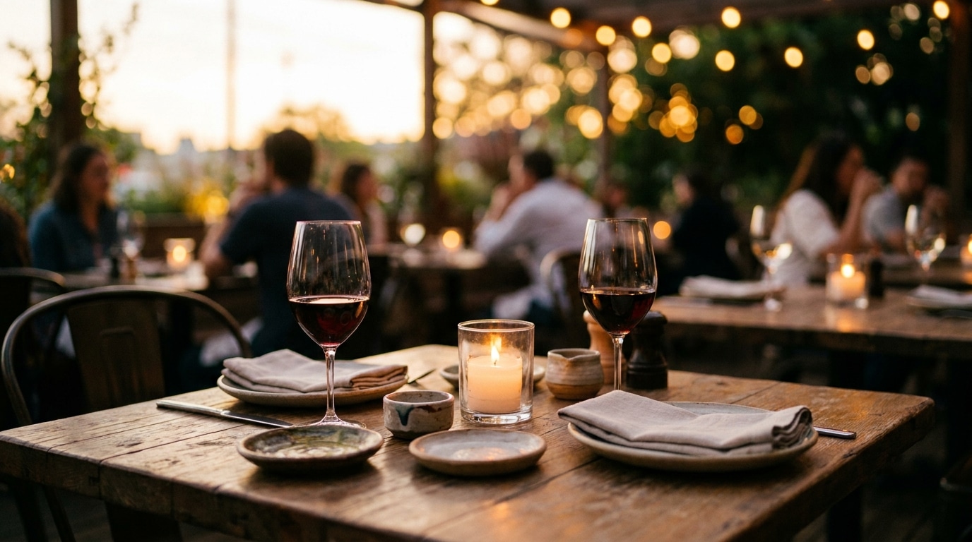 Table de restaurant intime avec deux verres de vin à la lumière des bougies