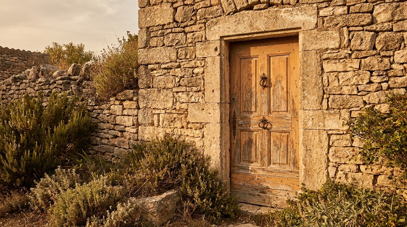 Porte entrouverte d'une maison de village du sud de la France baignée dans la lumière dorée de la garrigue