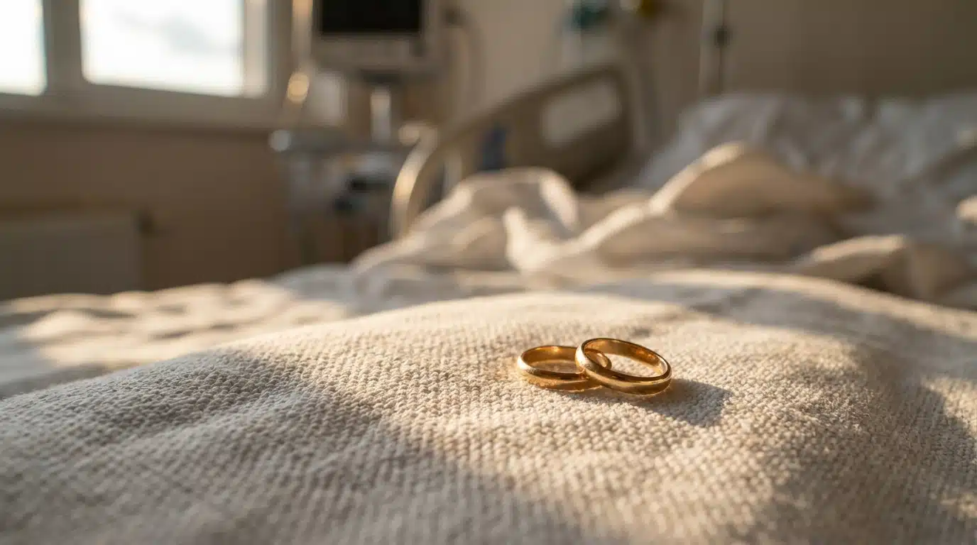 Deux alliances dorées sur un drap blanc d'hôpital