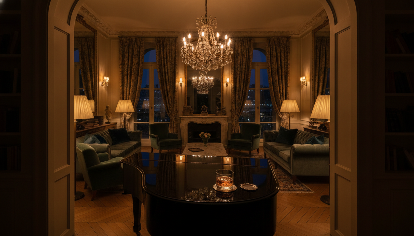 Appartement parisien avec piano à queue dans une ambiance sombre et tamisée