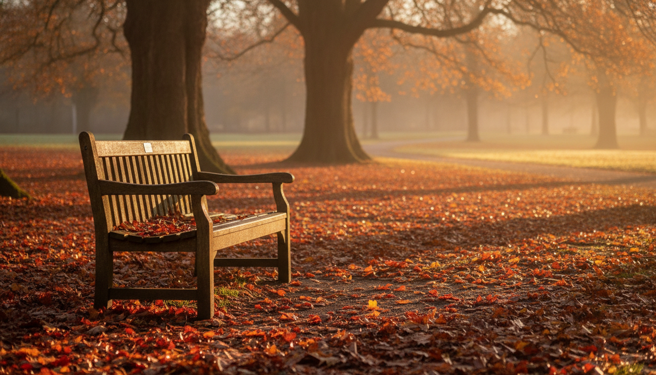 Banc de parc vide dans une lumière dorée d'automne, ambiance mélancolique