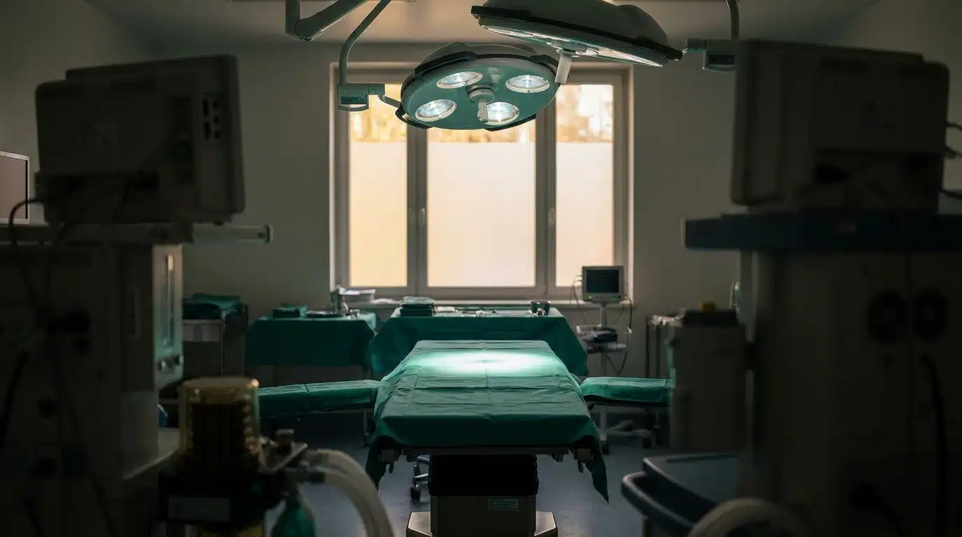 Bloc opératoire vide avec table chirurgicale et lampe scialytique