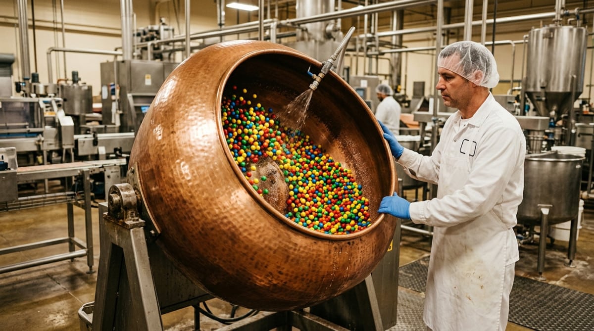 Turbine industrielle de dragéification de bonbons en usine