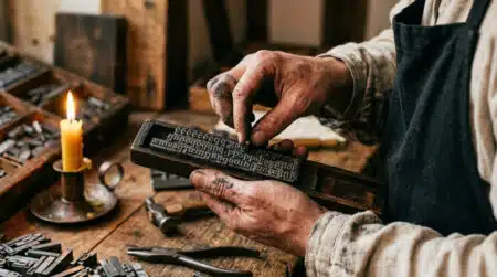 Typographe plaçant des espaces fines en plomb dans un atelier d'imprimerie