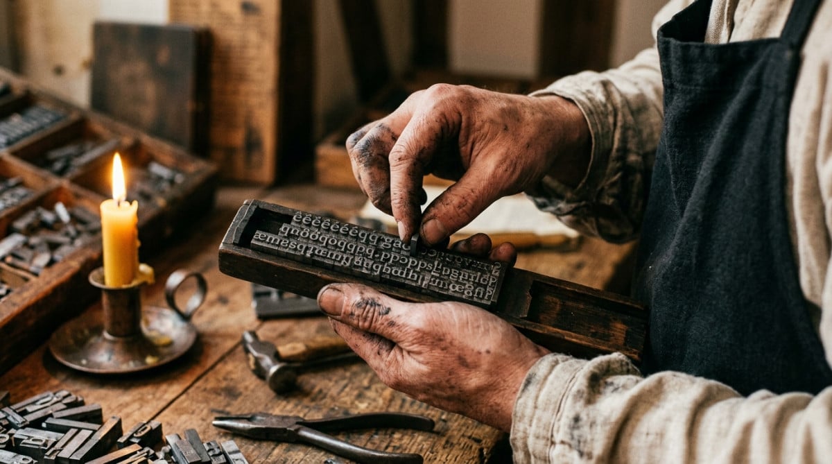Typographe plaçant des espaces fines en plomb dans un atelier d'imprimerie