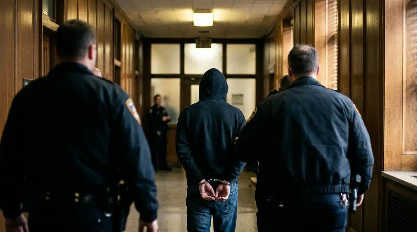 Homme menotté escorté dans un couloir de tribunal