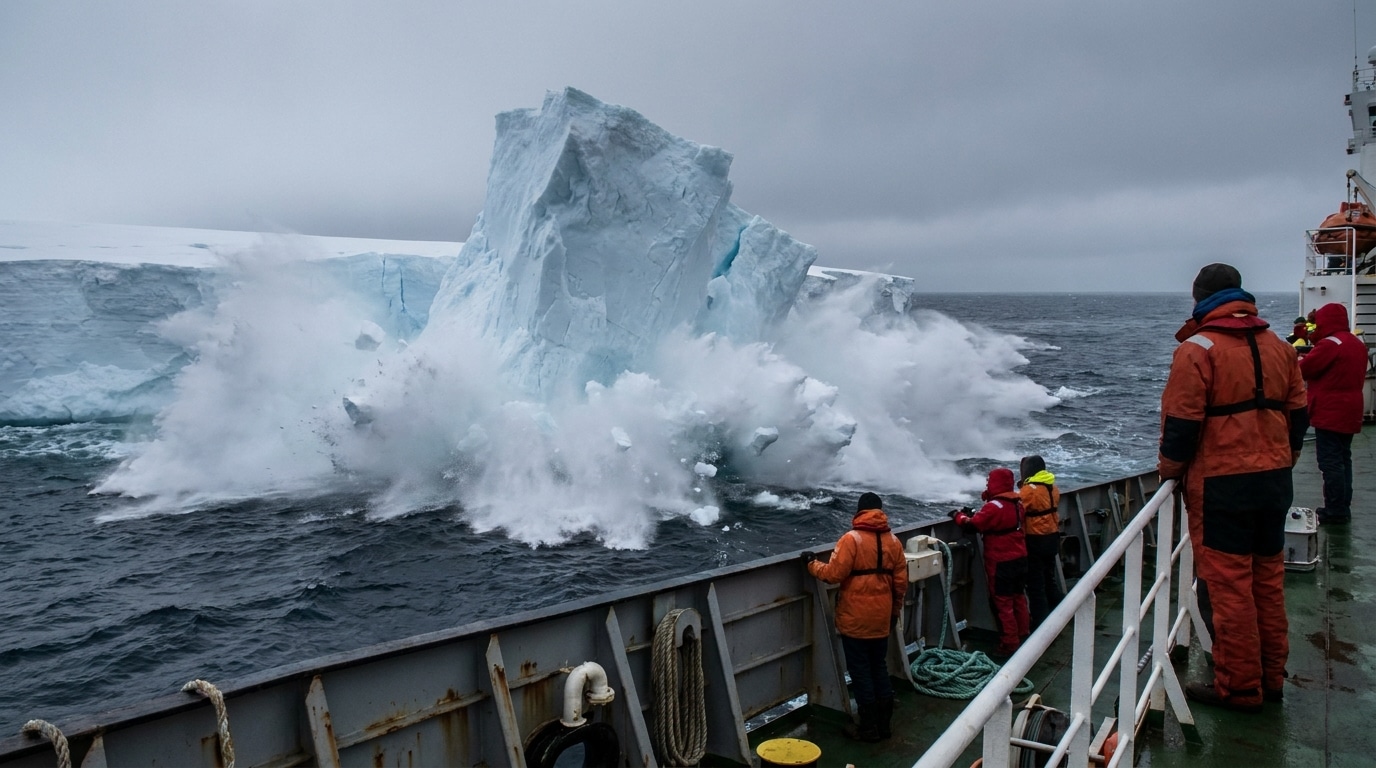 Iceberg se détachant de la banquise antarctique vu depuis un navire
