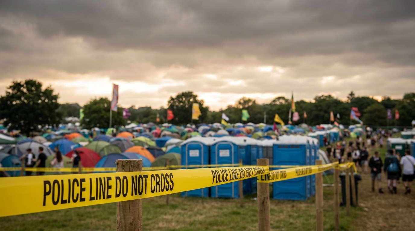 Camping de festival avec toilettes portables et ruban de police à l'aube
