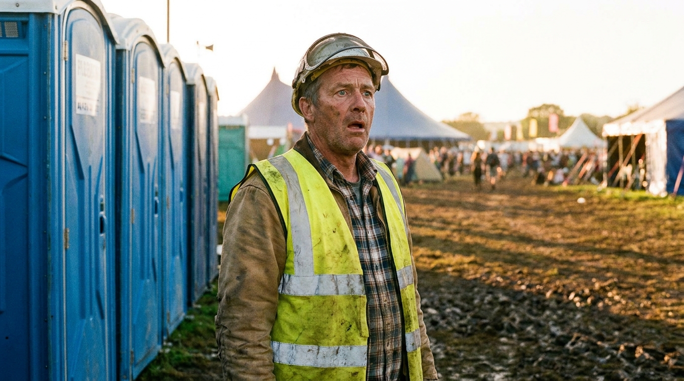 Agent de maintenance choqué devant des toilettes portables de festival