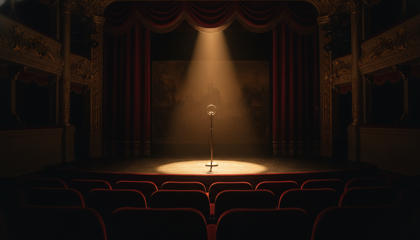 Scène de théâtre vide sous un projecteur doré