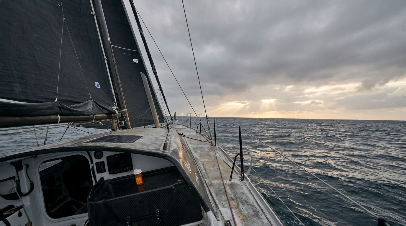 Voilier IMOCA seul au milieu de l'océan sous ciel gris