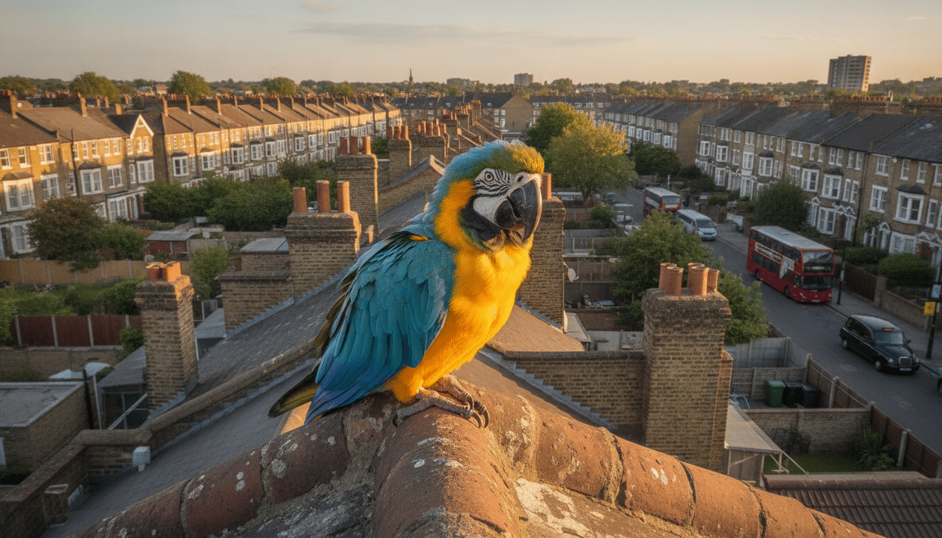 Ara turquoise et jaune perché sur un toit à Londres