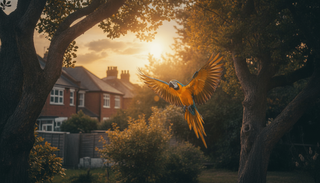 Ara en vol dans un jardin londonien au coucher du soleil