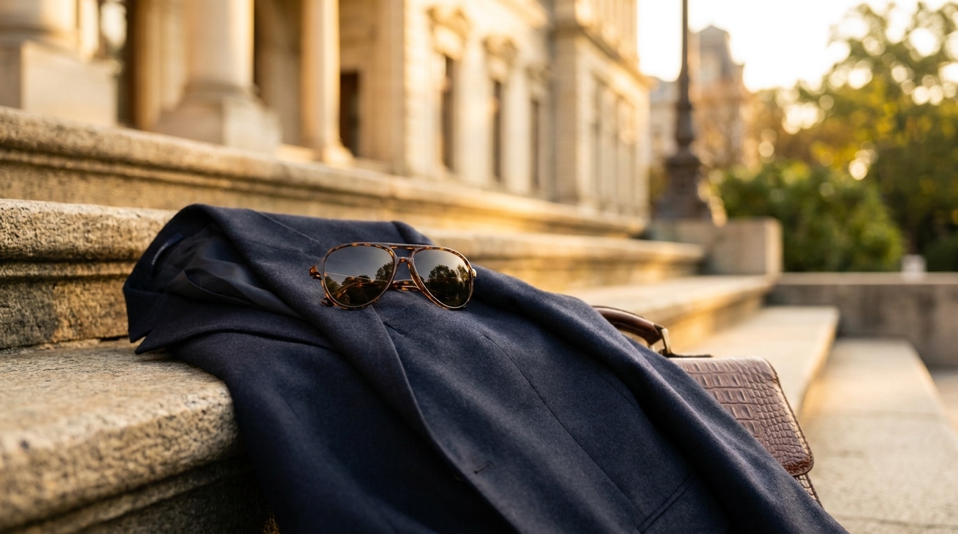 Lunettes d'aviateur posées sur un costume sombre, perron de palais présidentiel en arrière-plan