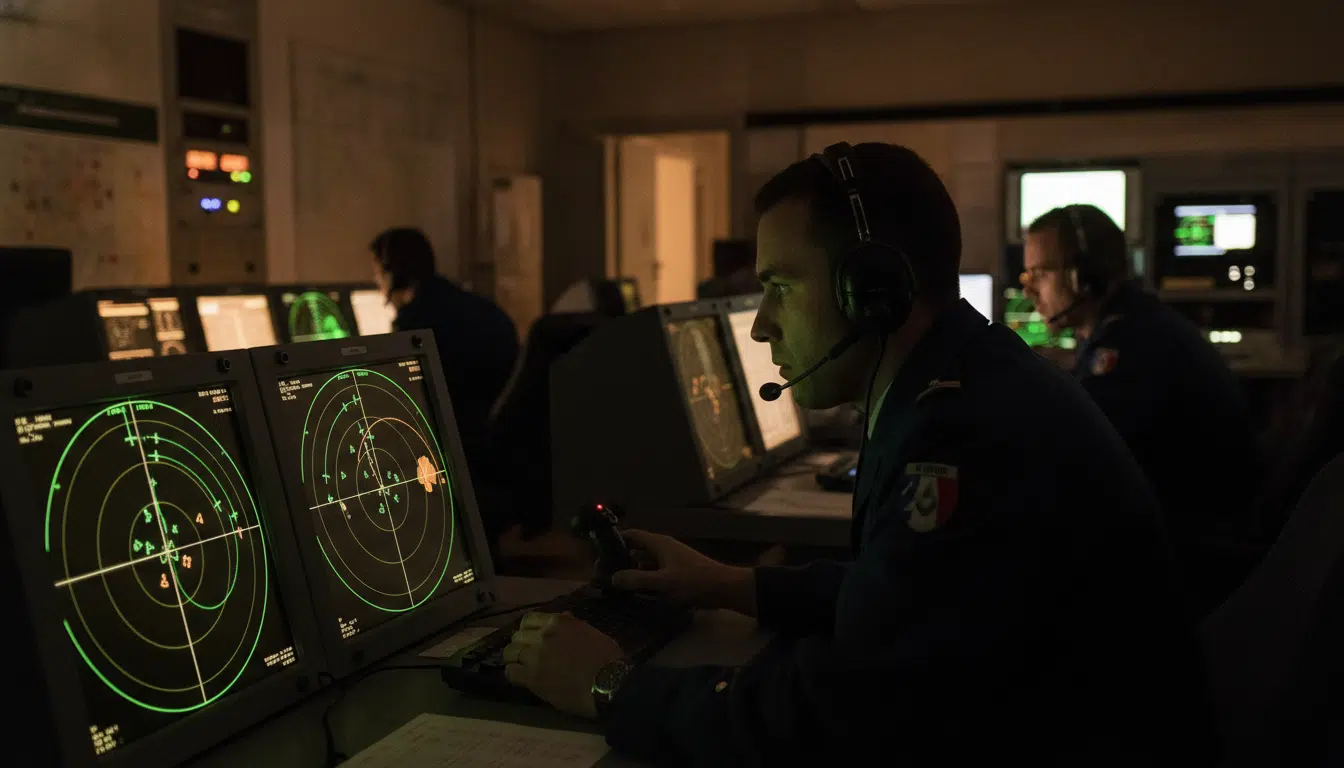 Salle de contrôle aérien militaire avec écrans radar