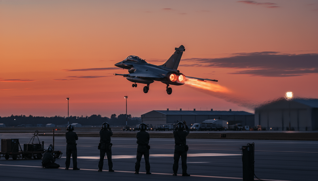 Rafale décollant d'une base aérienne française au crépuscule