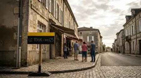 Place d'une petite commune française avec marquage de parcours cycliste
