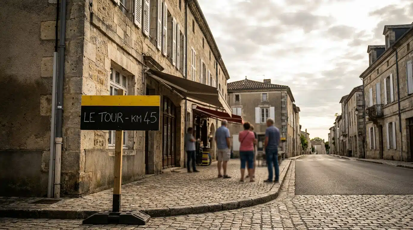 Place d'une petite commune française avec marquage de parcours cycliste