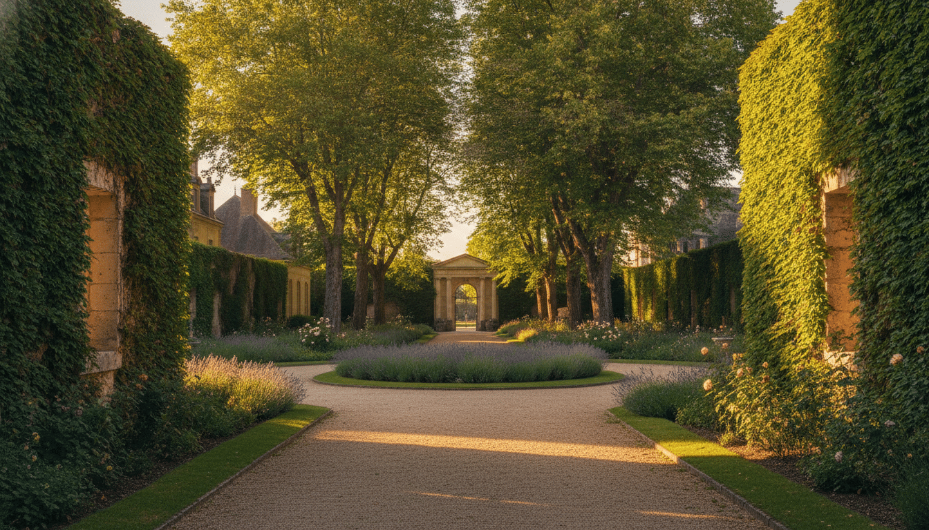 Un jardin de domaine français au coucher du soleil, décor romantique pour une scène de rapprochement