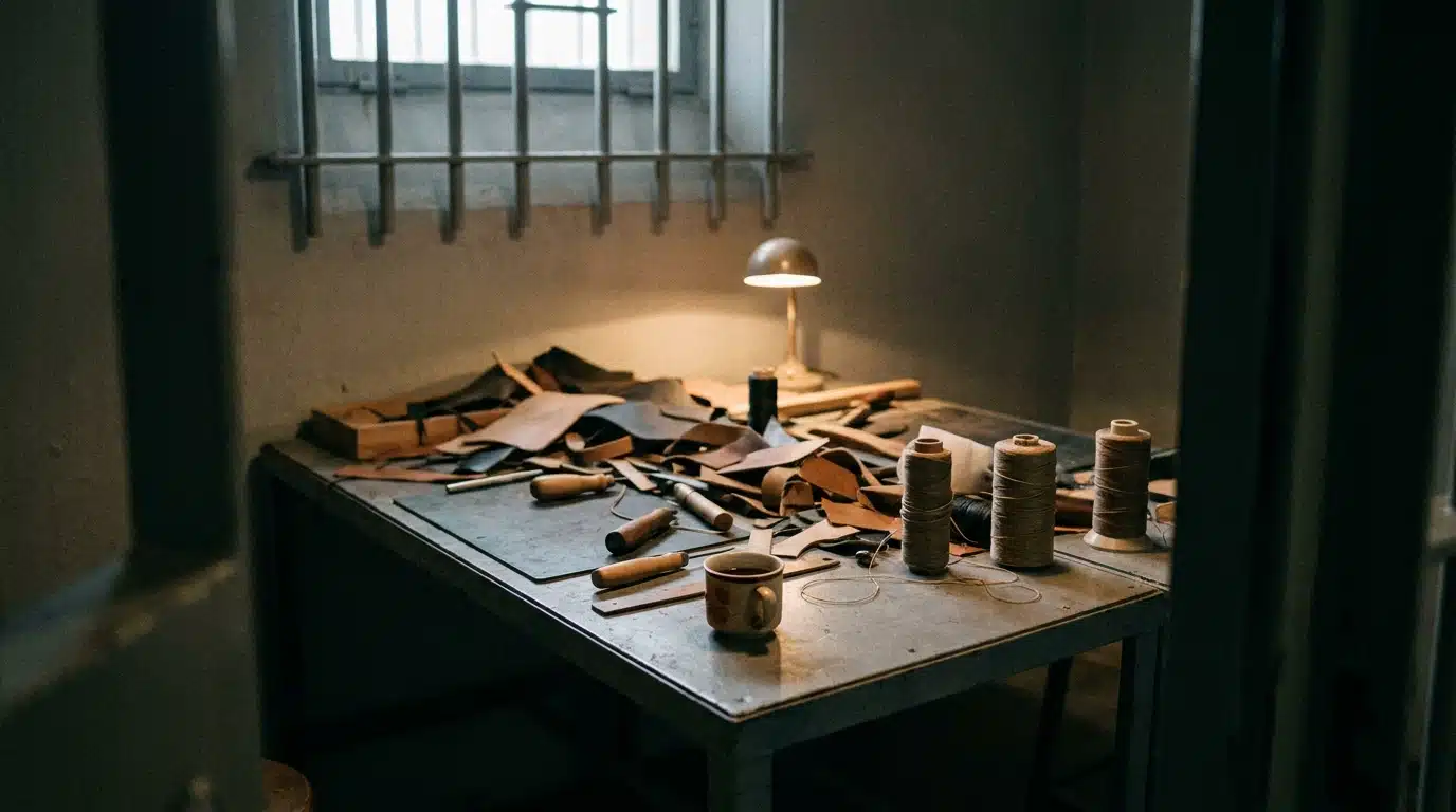 Atelier en cellule de prison avec une tasse suspecte posée sur une table