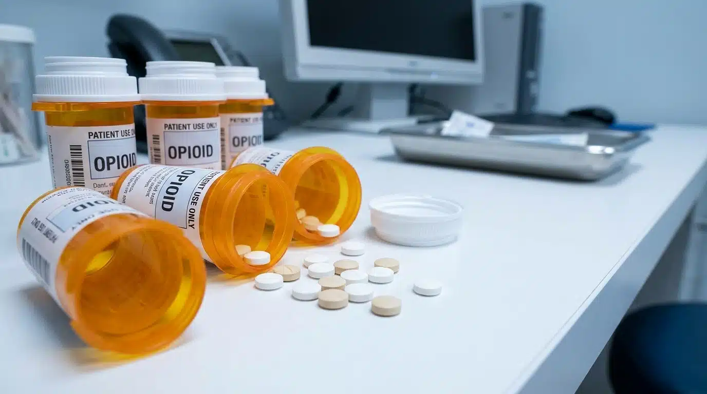 Flacons de médicaments opioïdes sur un bureau d'hôpital
