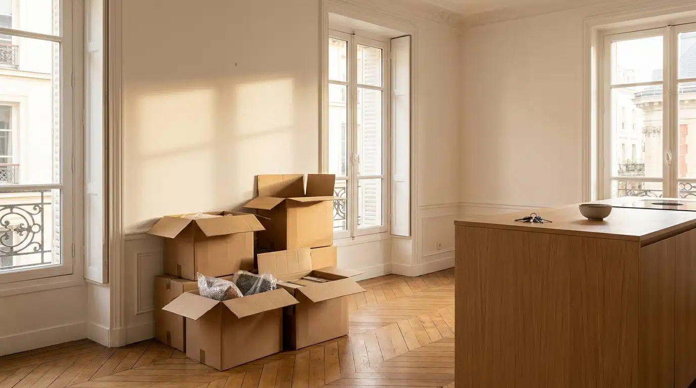 Appartement vide avec cartons de déménagement à moitié remplis et clés posées sur le plan de travail