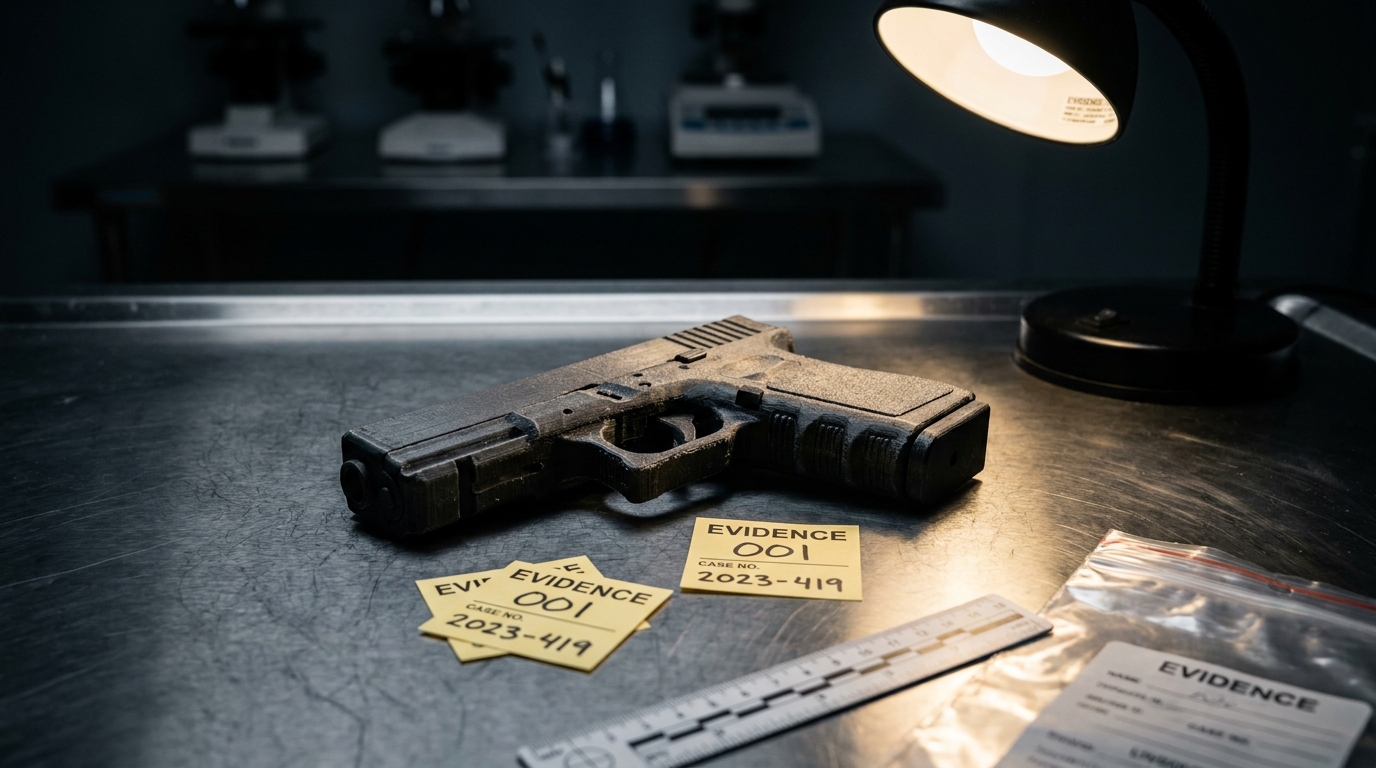 Arme imprimée en 3D posée sur une table d'expertise criminelle