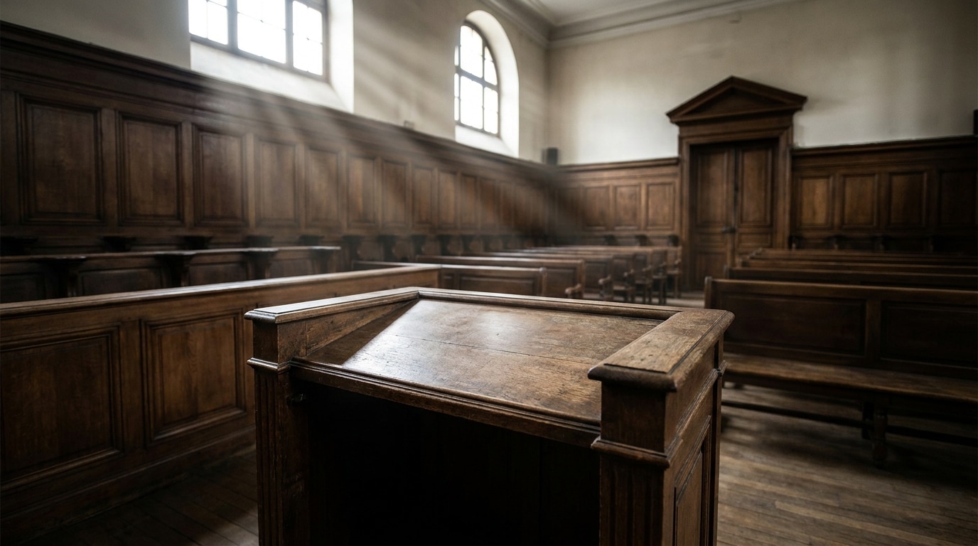 Barre des témoins vide dans un tribunal français