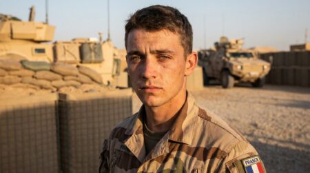 Jeune soldat français en uniforme sur une base militaire