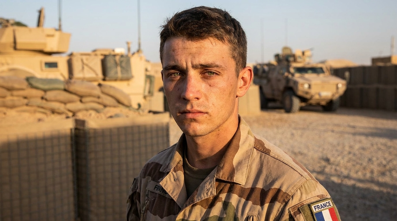 Jeune soldat français en uniforme sur une base militaire