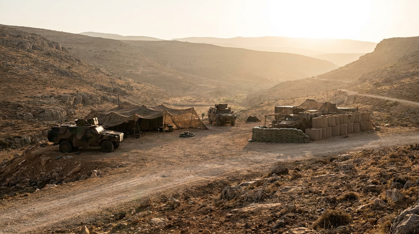 Terrain d'entraînement militaire dans un paysage libanais aride