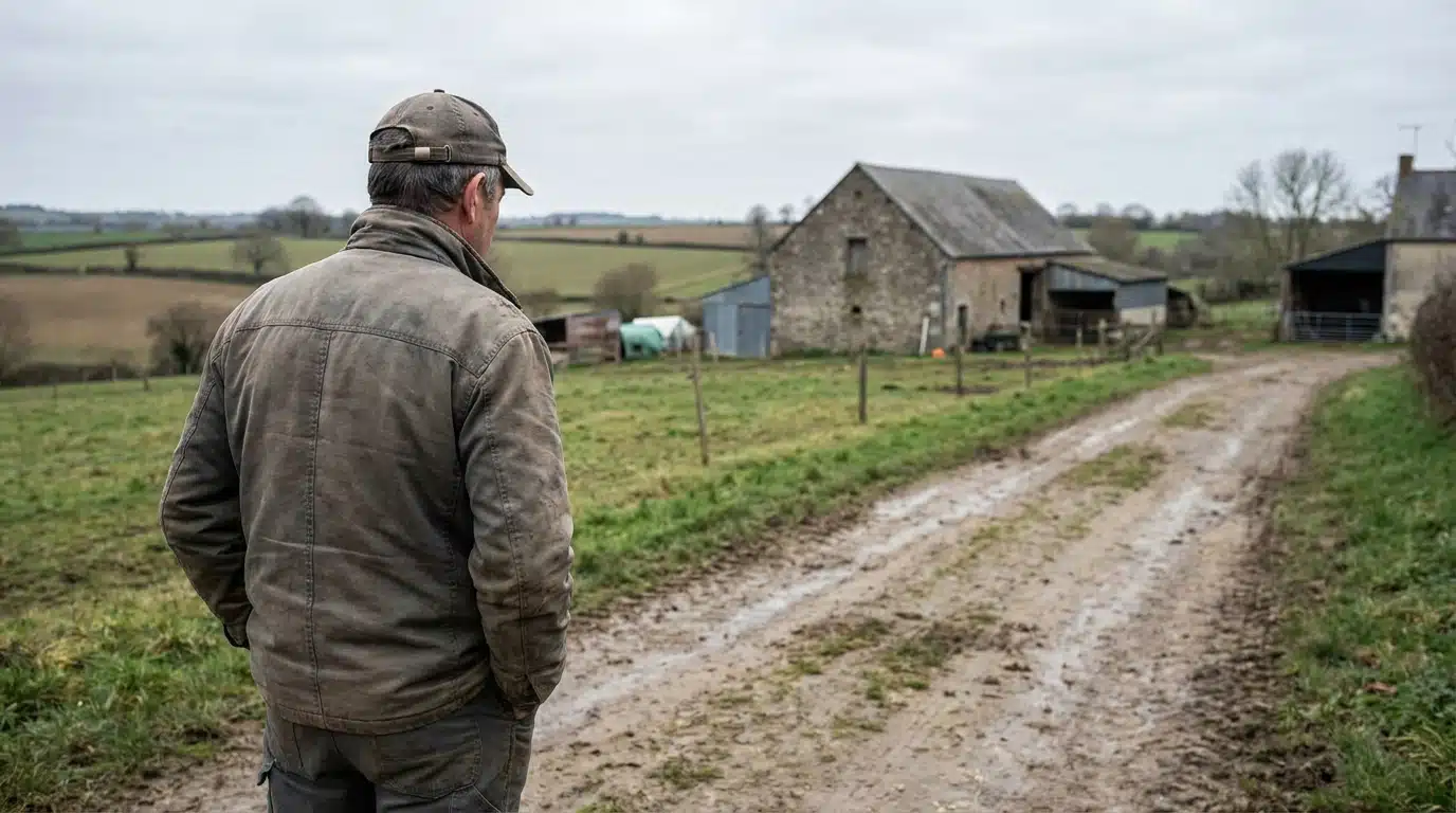 Promeneur observant une exploitation agricole à distance