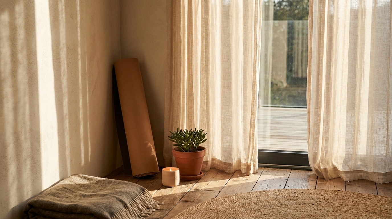Coin méditation avec tapis de yoga et bougie allumée