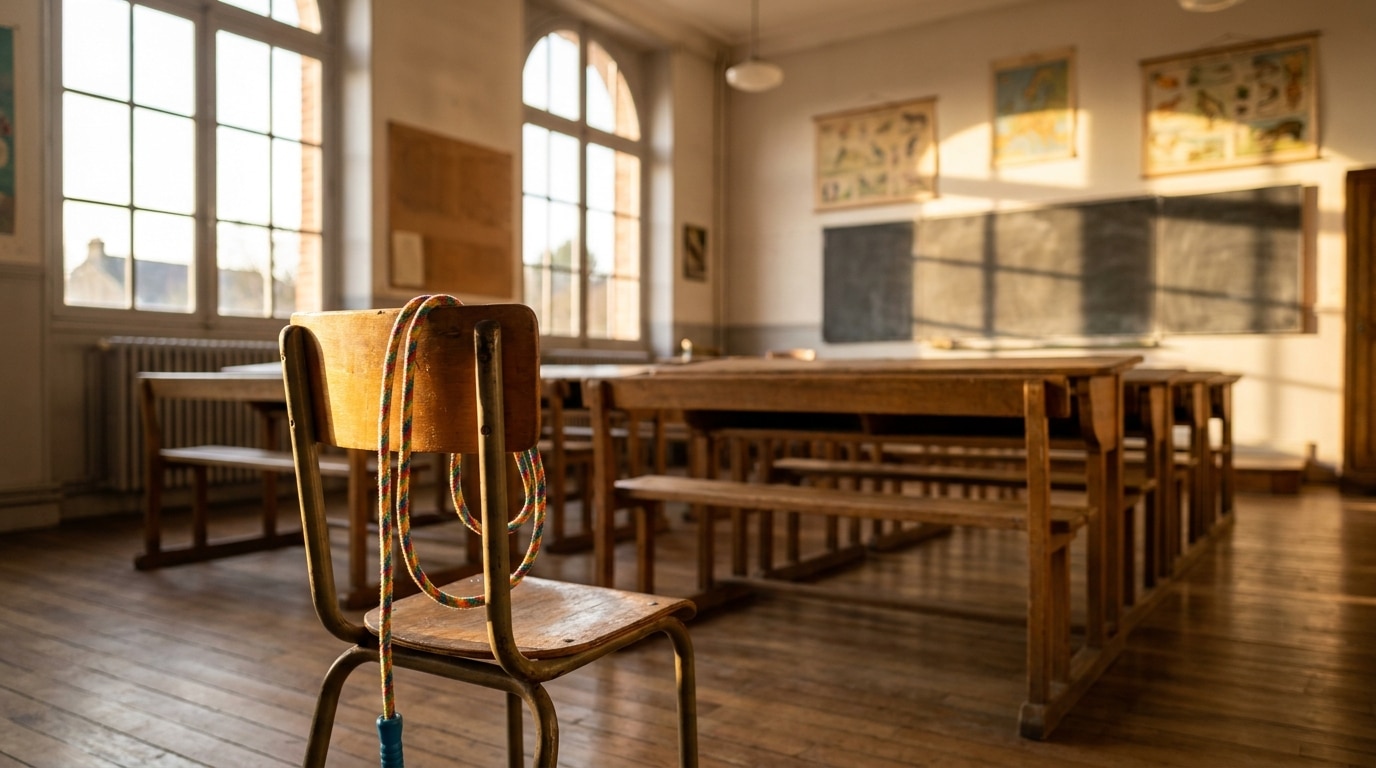 Chaise d'écolier avec une corde à sauter dans une classe vide