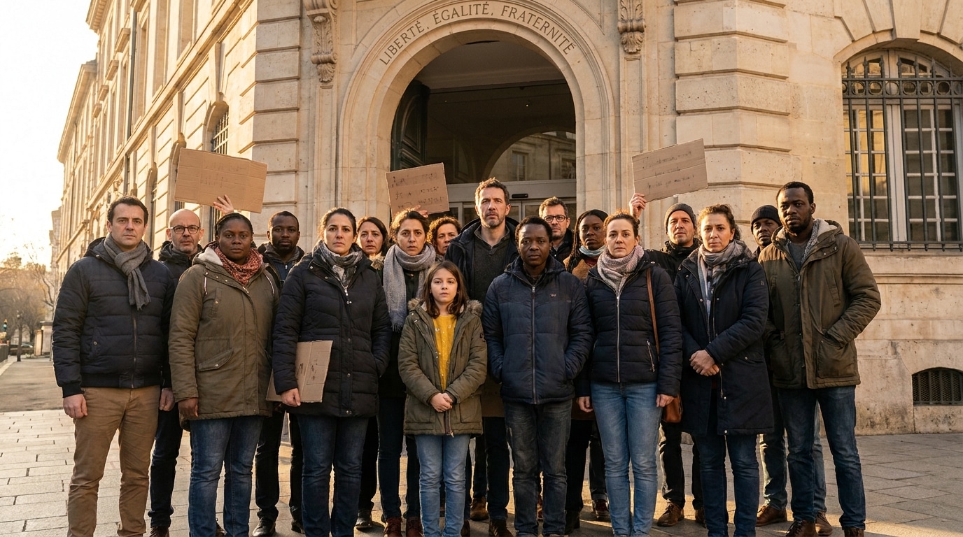 Parents rassemblés devant un bâtiment public en signe de soutien