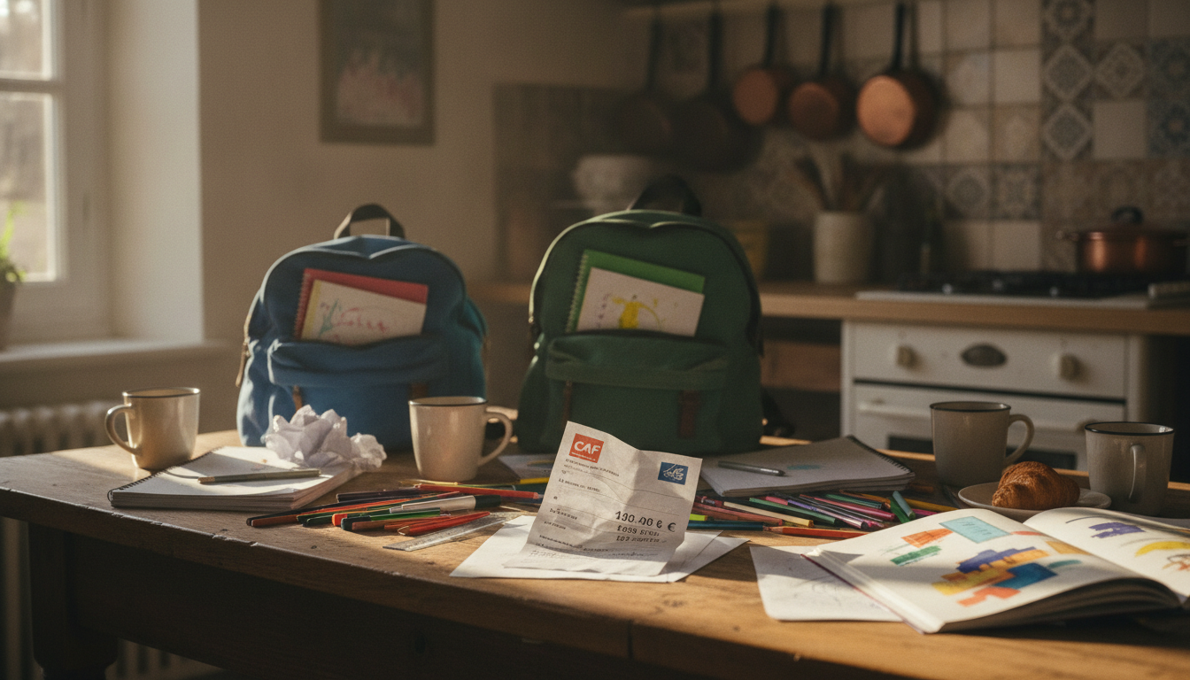 Fournitures scolaires et document CAF sur une table familiale