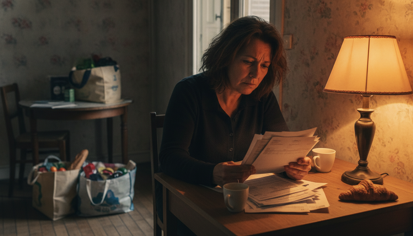 Femme inquiète consultant ses factures et relevés bancaires
