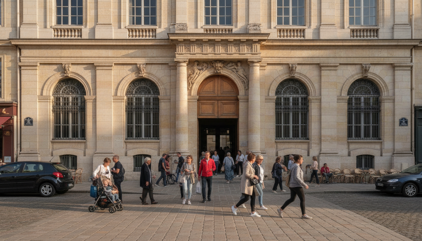 Façade d'un bâtiment CAF avec passants dans une rue française