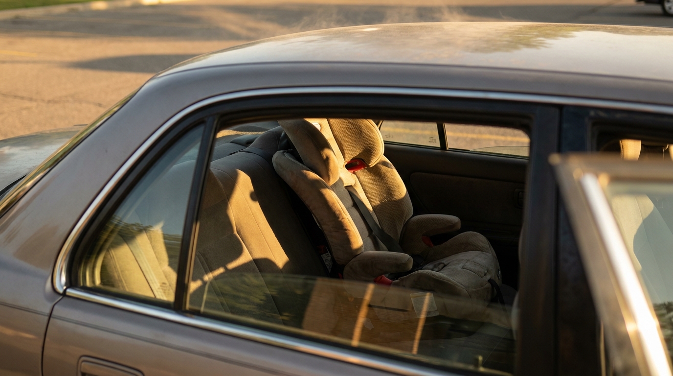Siège auto enfant vide dans une voiture en plein soleil