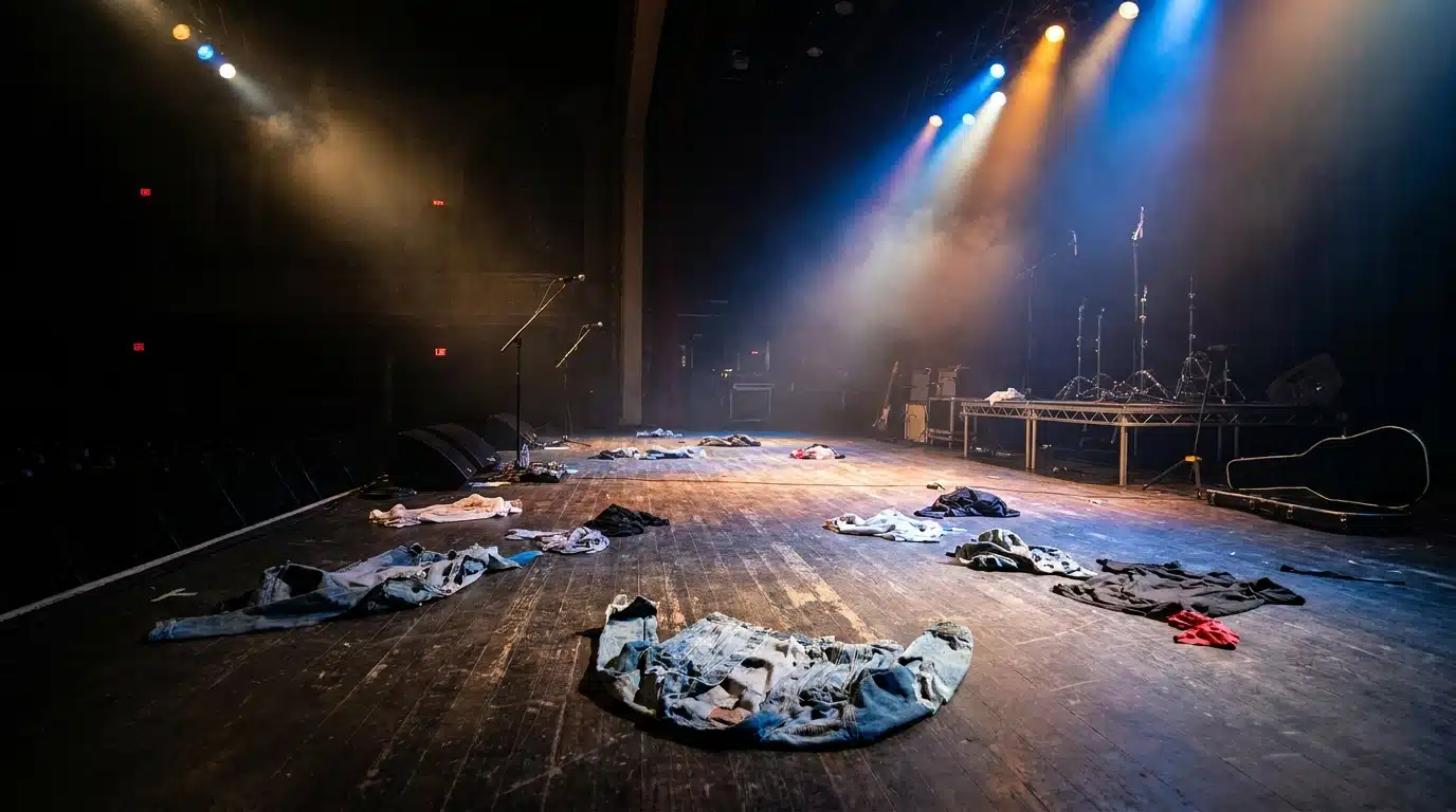 Scène de concert vide avec vêtements éparpillés au sol sous des projecteurs