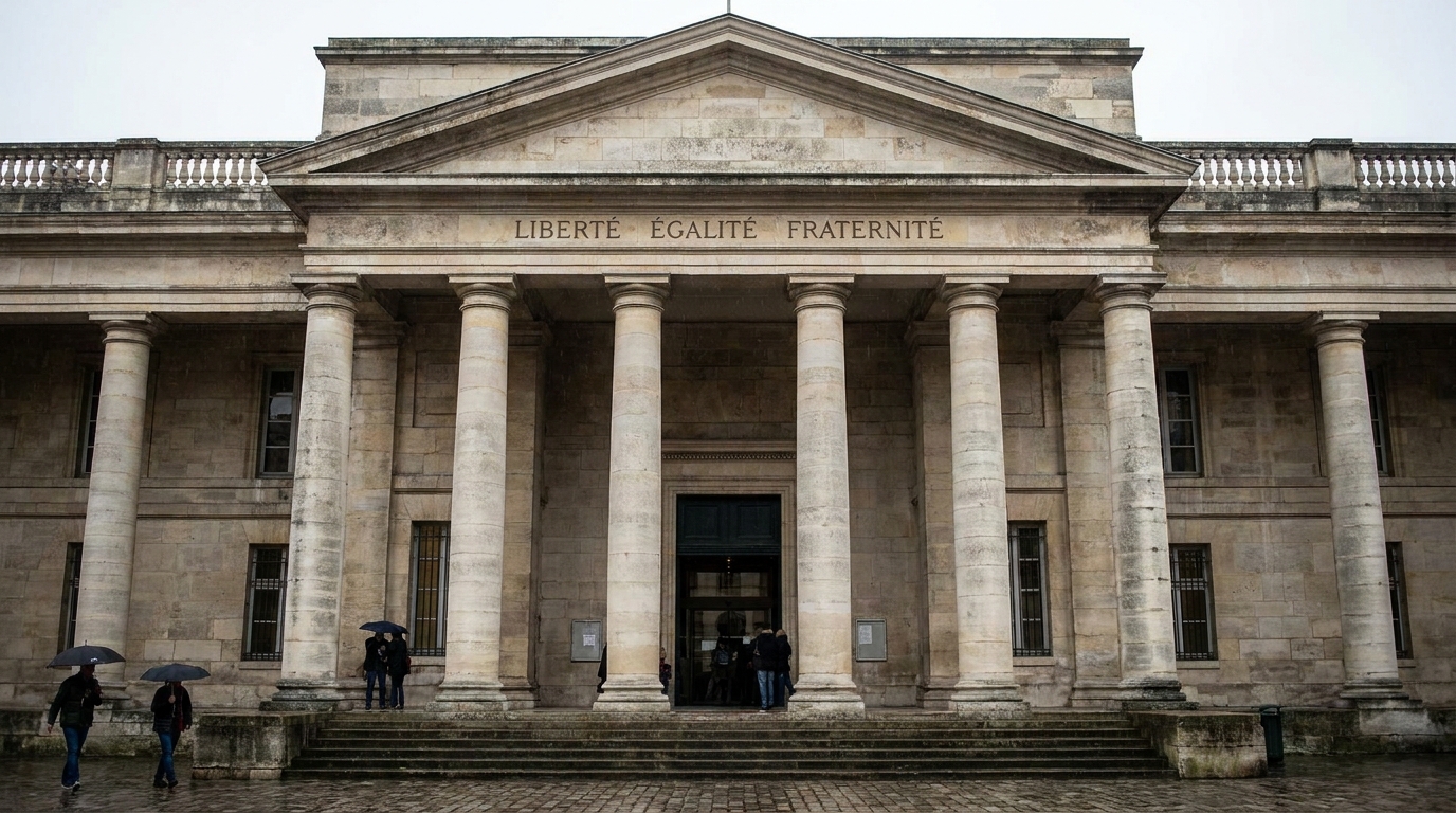 Façade d'un tribunal français avec colonnes en pierre et inscription Liberté Égalité Fraternité