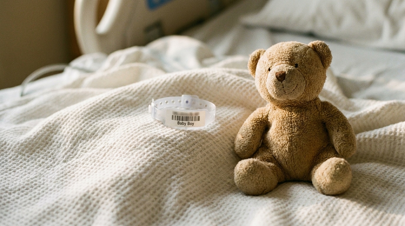 Bracelet de naissance posé sur une couverture d'hôpital à côté d'une peluche