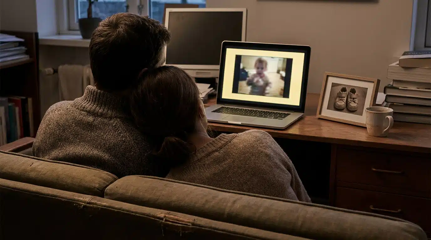 Couple vu de dos regardant une vidéo hommage sur un écran