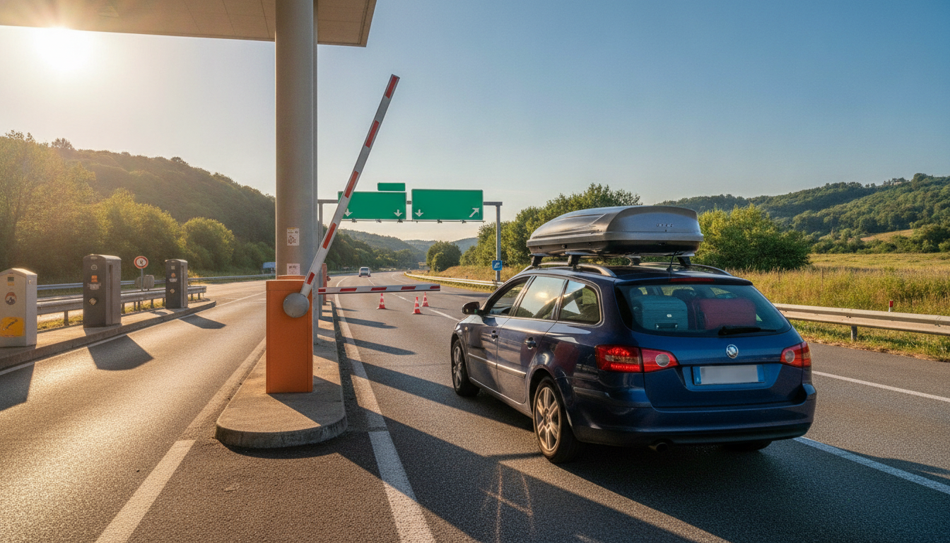Voiture familiale à une barrière de péage autoroutier en été