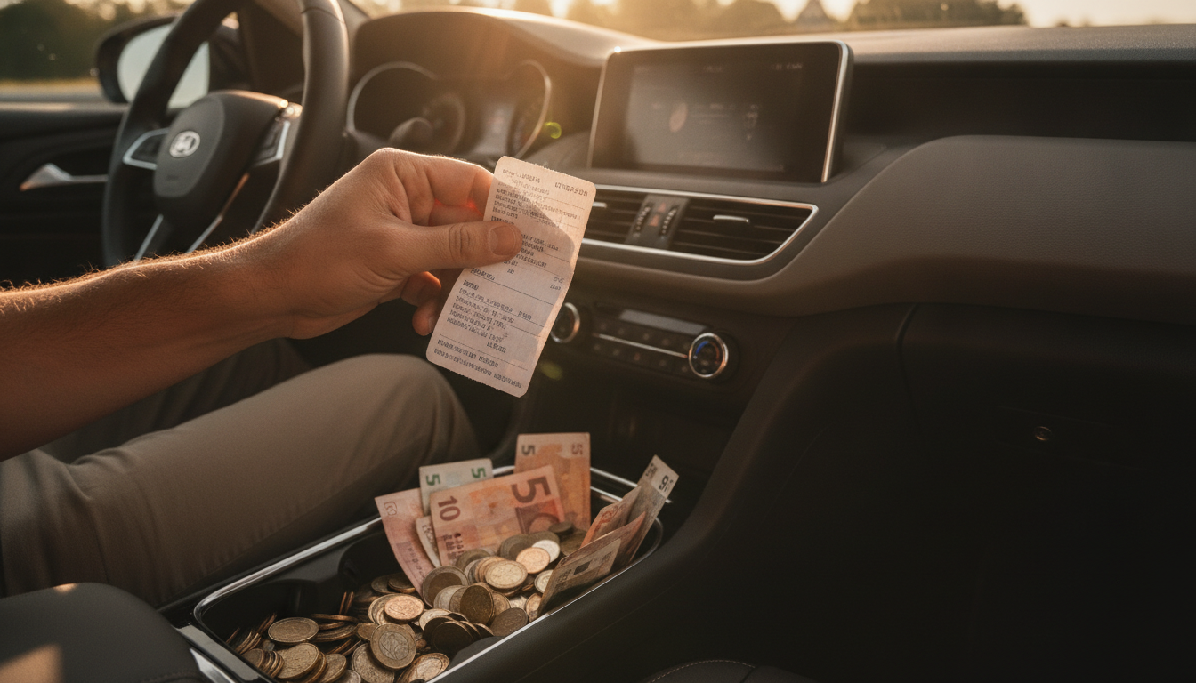 Main d'un conducteur tenant un ticket de péage autoroutier